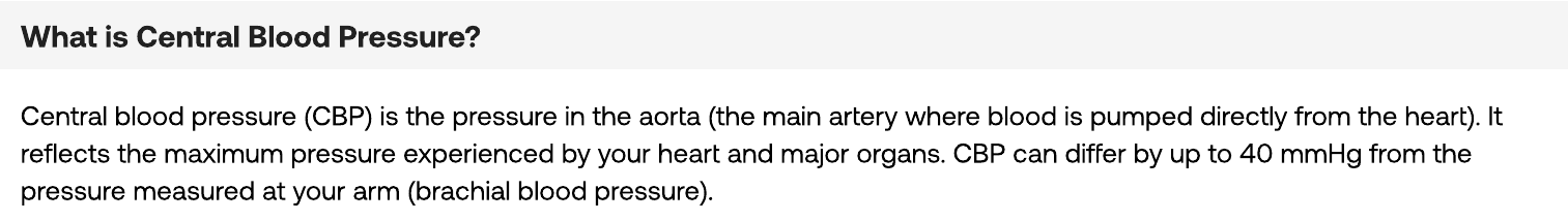 Genuine sample report explanation defining central blood pressure and explaining that it can differ from arm blood pressure
