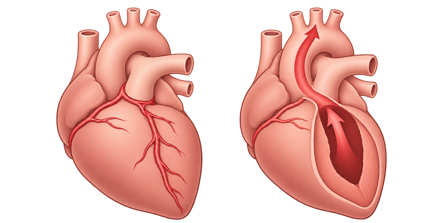 Two views of the same heart: coronary vessels supplying its muscle on the left, and the left ventricle pumping blood into the aorta on the right
