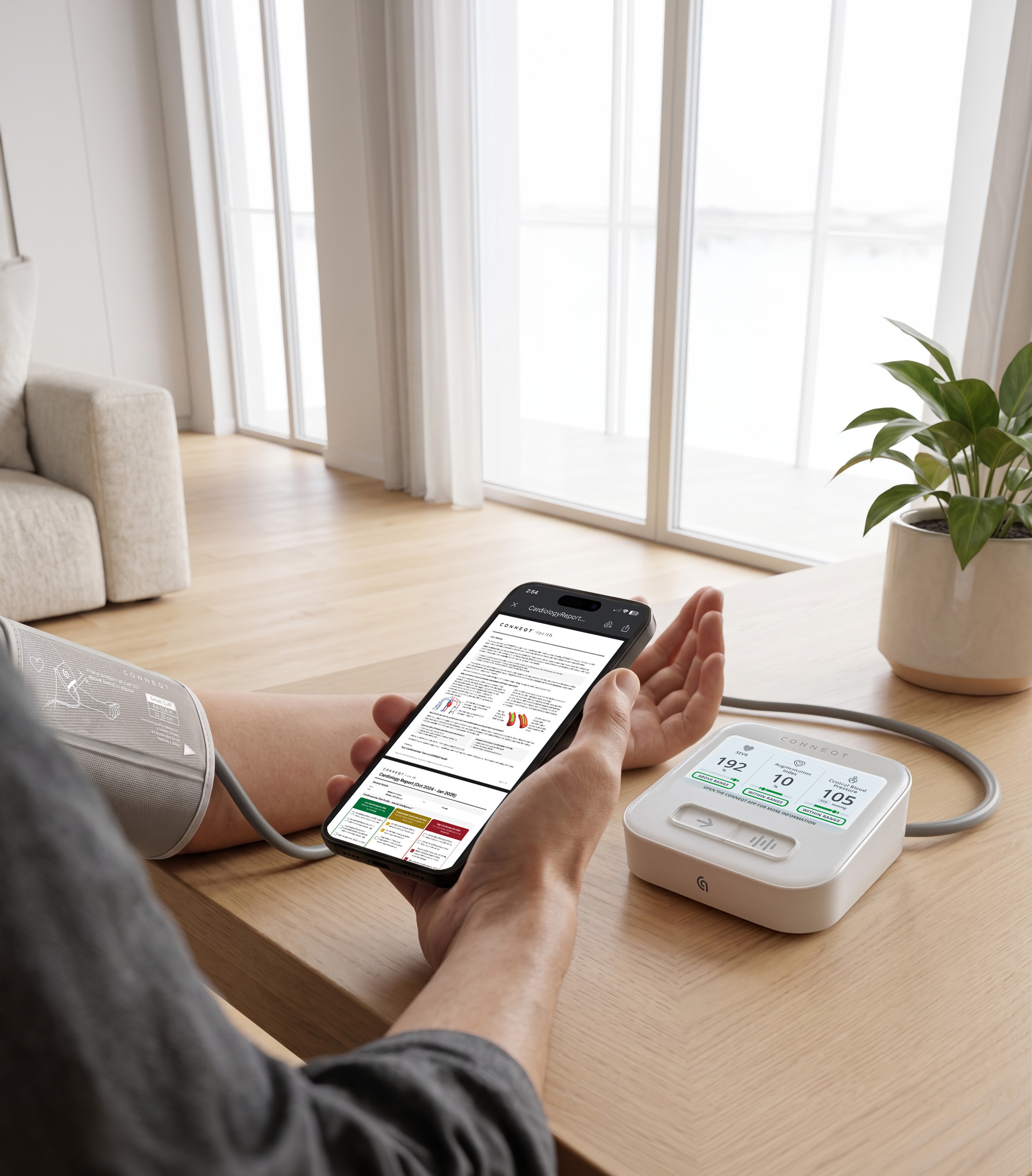 CONNEQT Pulse beside the CONNEQT app displaying a sample Care+ Cardiology Report