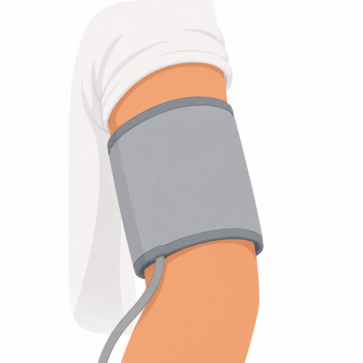 A grey blood pressure cuff fitted to a bare upper arm