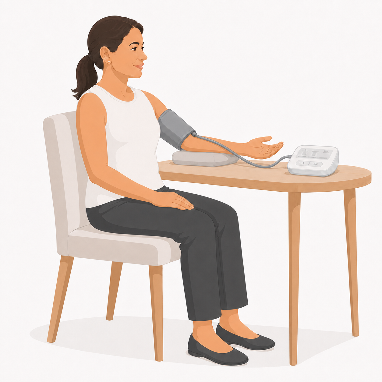A woman around 40 sits with her back supported and feet flat. The cuff is on her bare upper arm, with its tube running over the top of her supported arm toward the Pulse monitor.