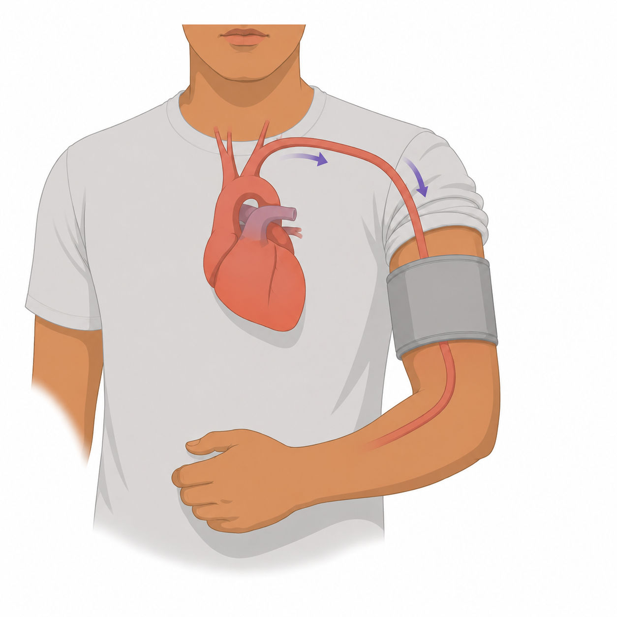 A person with medium warm brown skin wears a grey T-shirt with one sleeve bunched above a cuff on the bare upper arm. A simplified heart, artery and violet arrows are illustrated over the shirt.